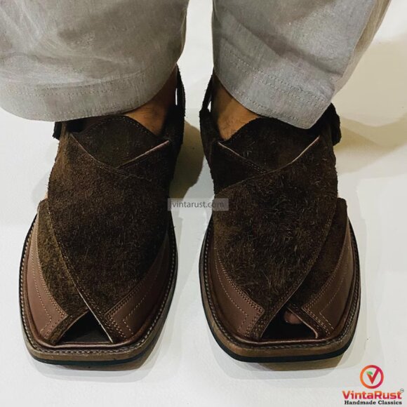 Classic Peshawari Sandals for Men, Stylish Dark Brown Suede Peshawari Chappals, - Picture 1 of 7